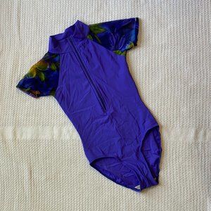 Eleve Purple Mesh Floral Zip Leotard